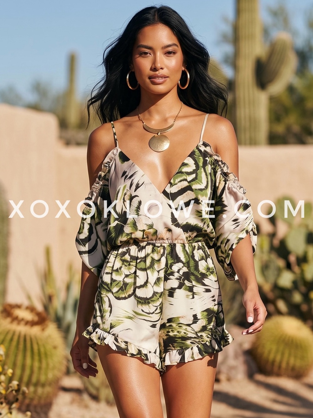 MIA Off Shoulder Tropical Print Romper | Open Back V Neck Ruffle